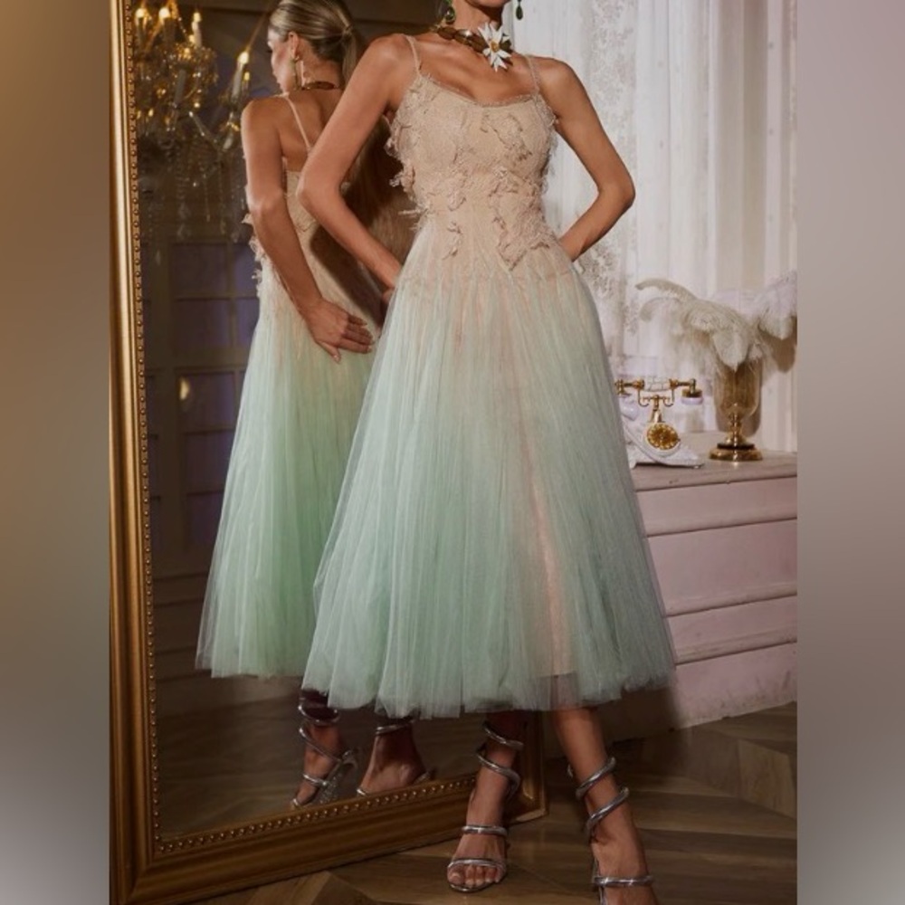 Qaldrex Spaghetti Homre Lace Midi Tulle Dress